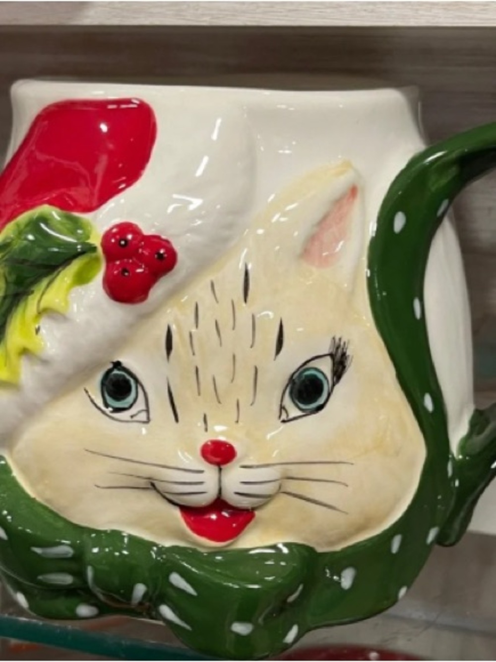 Festive Cream Cat Ceramic Holiday Mug with Green Handle and Red Accents